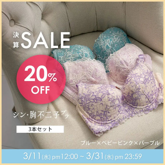【タイムセール】シン・胸不二子ブラ 3本セット ブルー＆パープル＆ベビーピンク【 C65 - K90 】