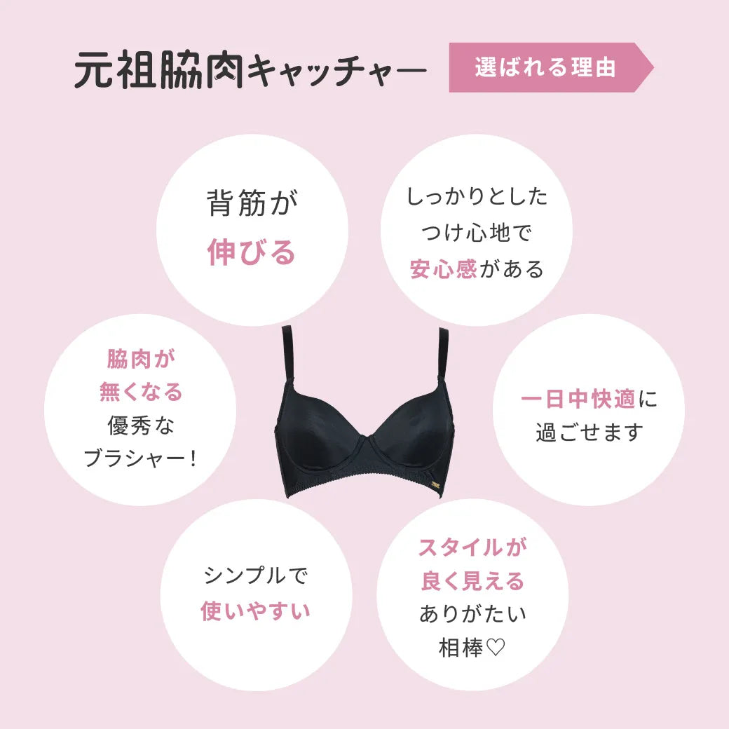 【リニューアル】元祖脇肉キャッチャーノンレース 補整 ブラジャー ブラック【C60-K90】